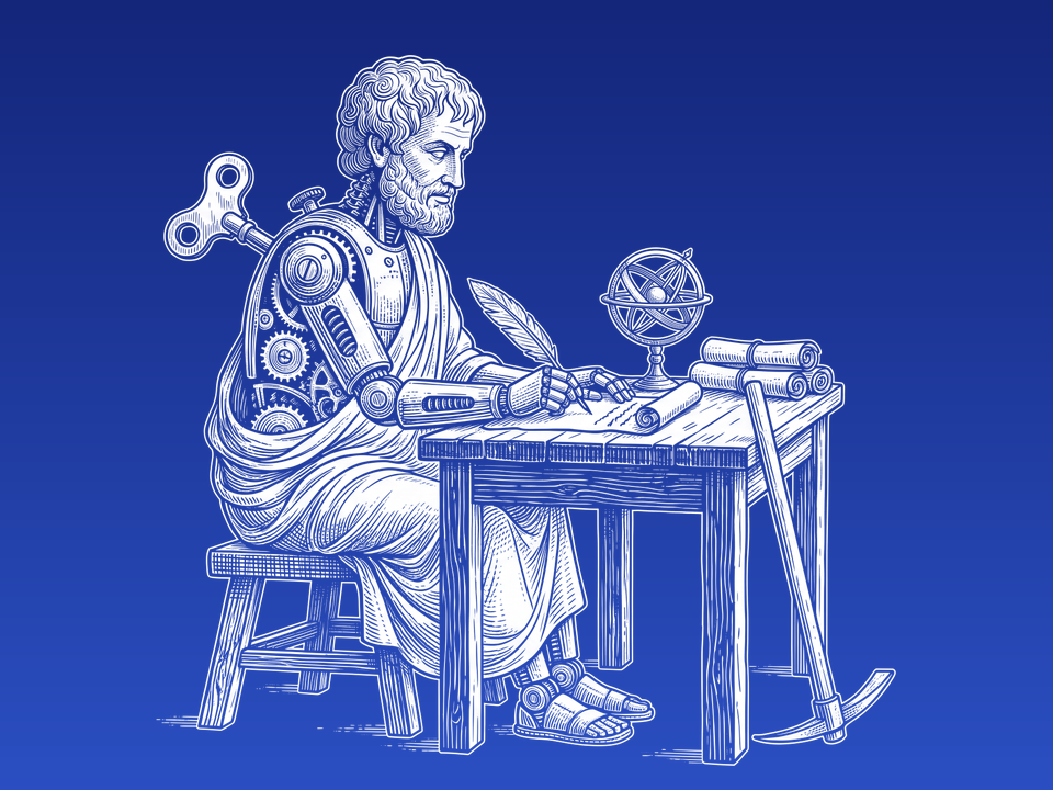 A clockwork Aristotle writing at his desk
